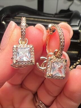 Gold-Tone Hoop Earring with Pink Square Crystal and Logo Charm